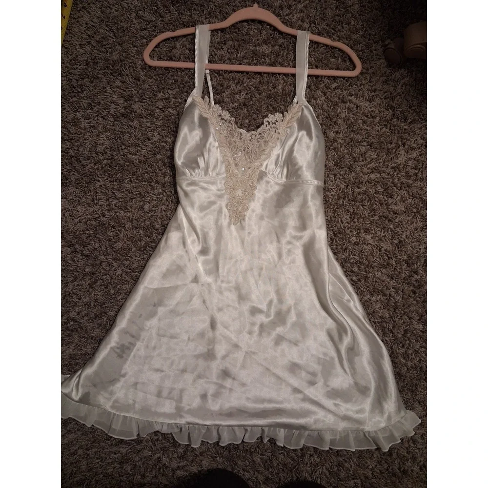 Ivory Satin Babydoll Cami Beaded Floral Lace Pearl Applique Coquette Fairy Y2K S